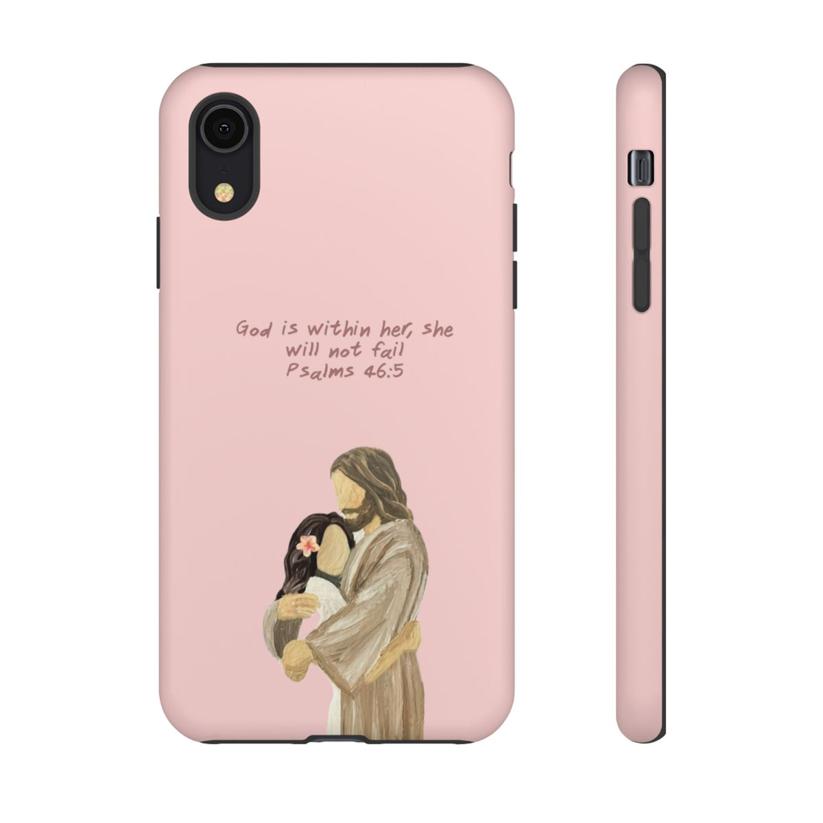 Christelijk telefoonhoesje God is in haar roze mat