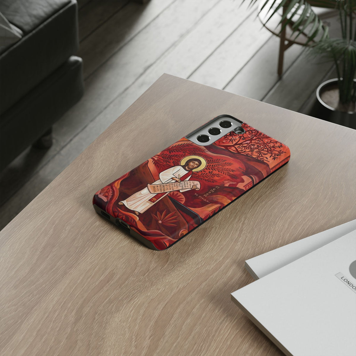 Christelijk telefoonhoesje Sint-Efrem de Syriër rood mat