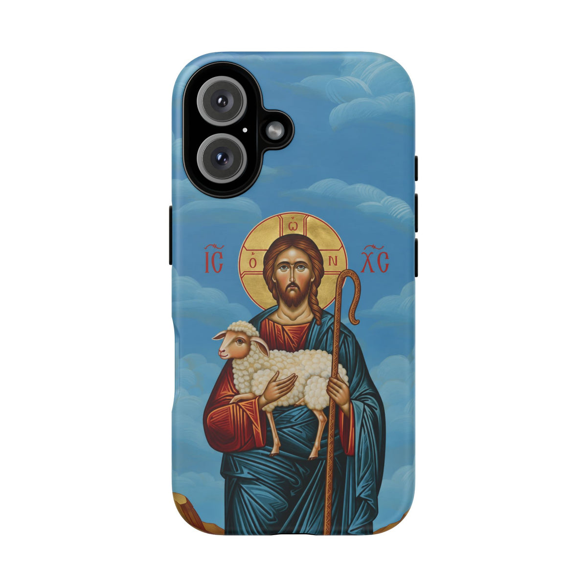 Christelijk telefoonhoesje De Goede Herder blauw mat