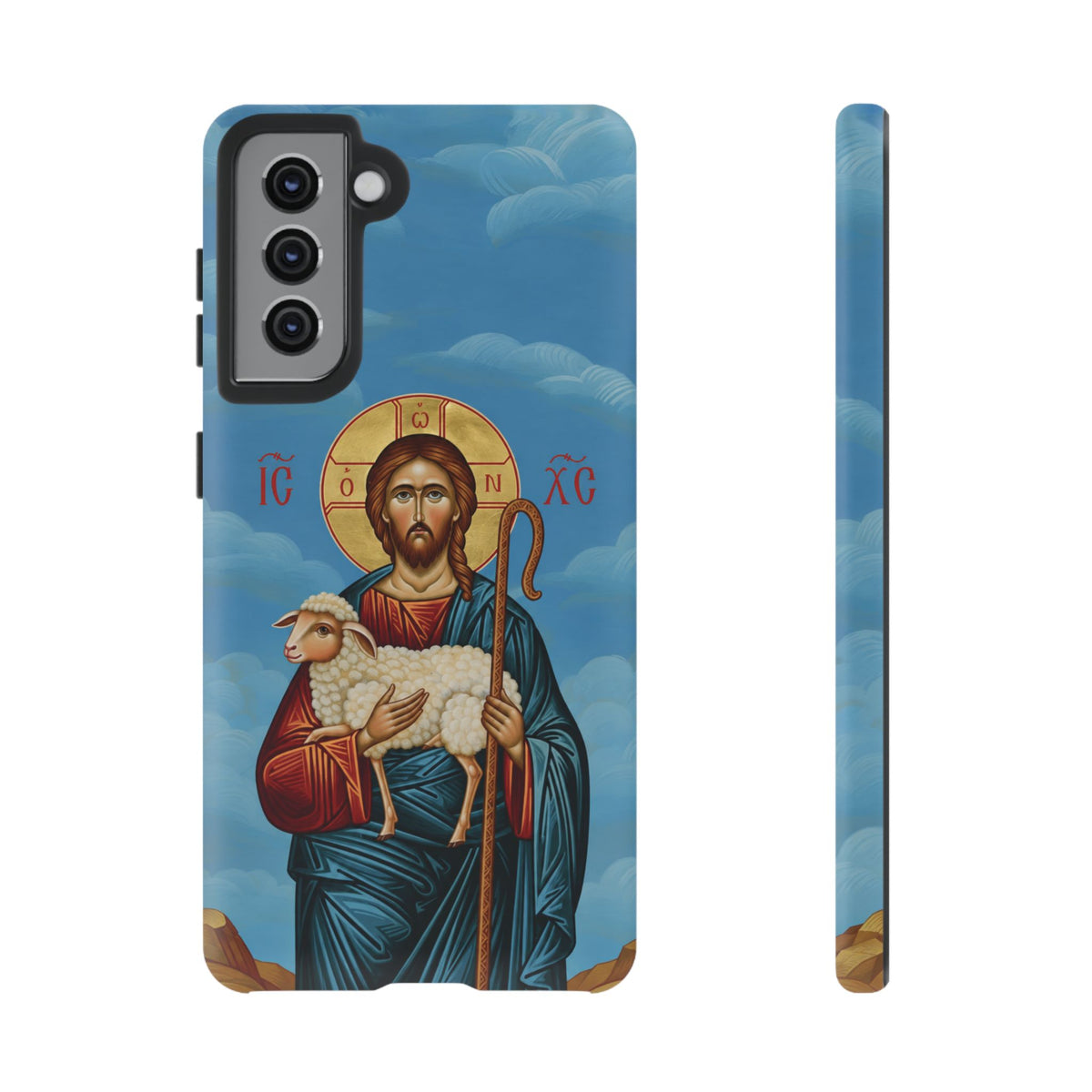 Christelijk telefoonhoesje De Goede Herder blauw mat
