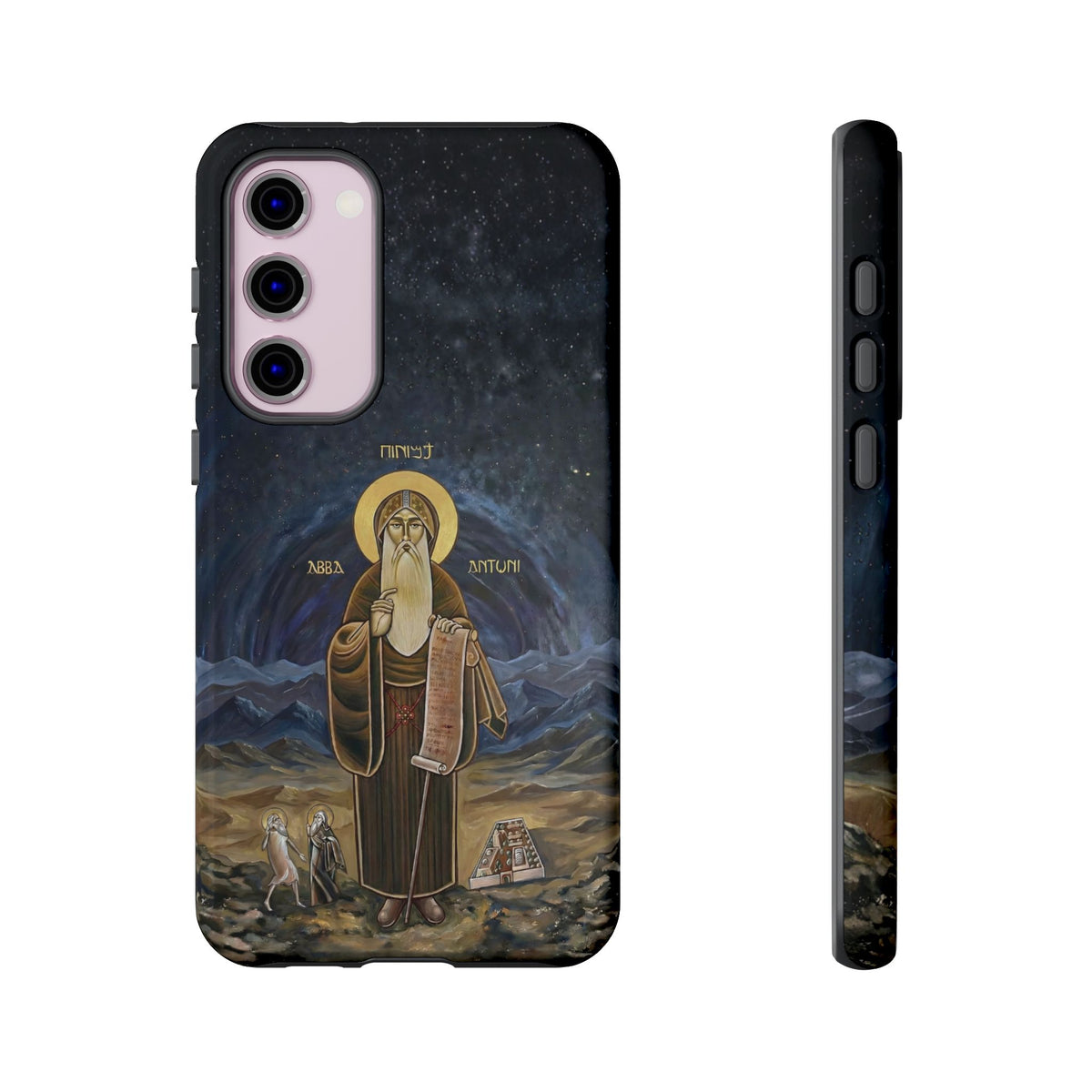 Christelijk telefoonhoesje Sint-Antonius de Grote donkerblauw mat