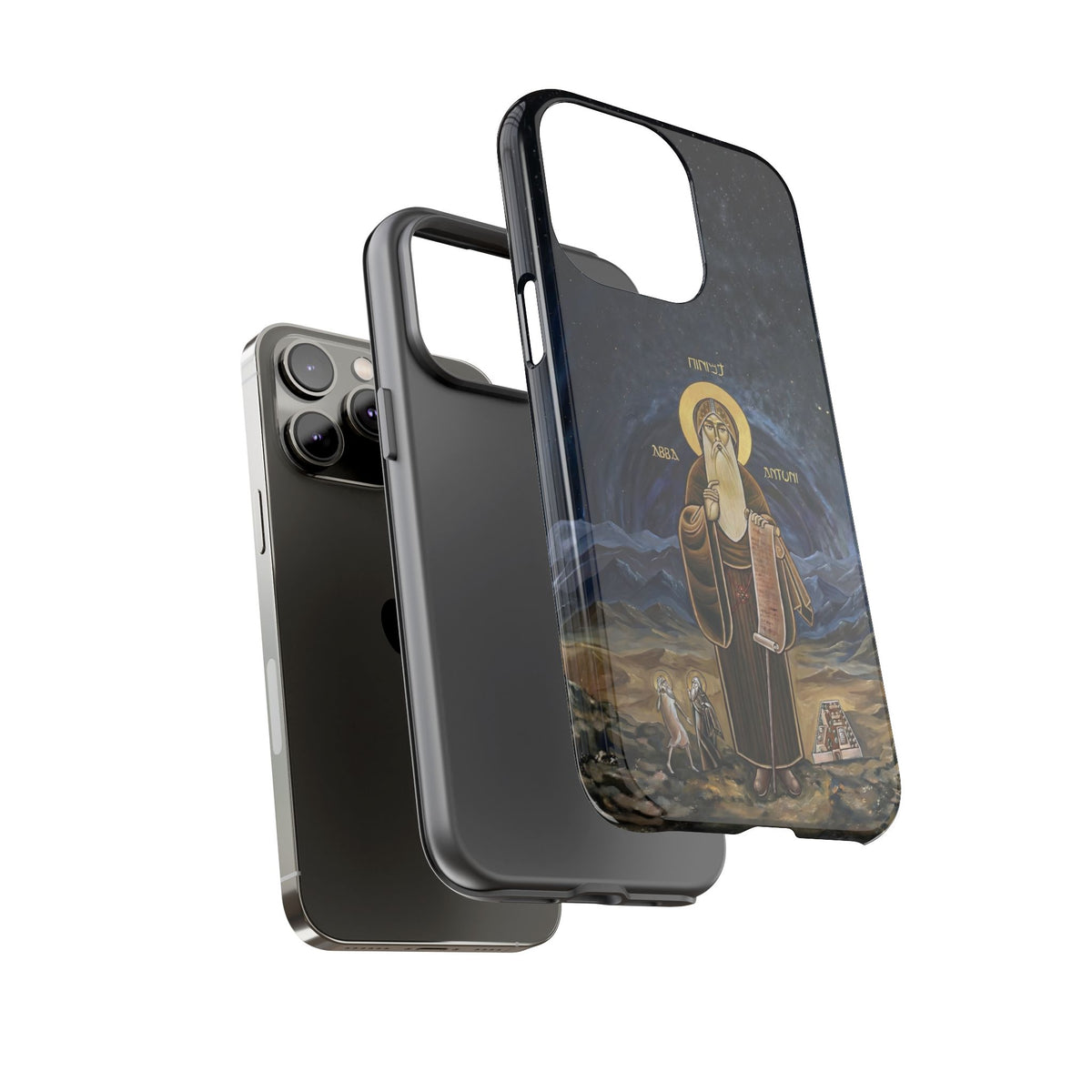 Christelijk telefoonhoesje Sint-Antonius de Grote donkerblauw mat