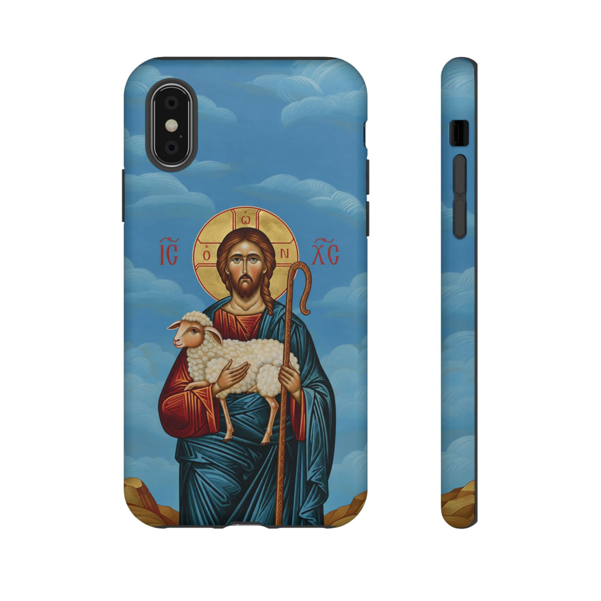 Christelijk telefoonhoesje De Goede Herder blauw mat