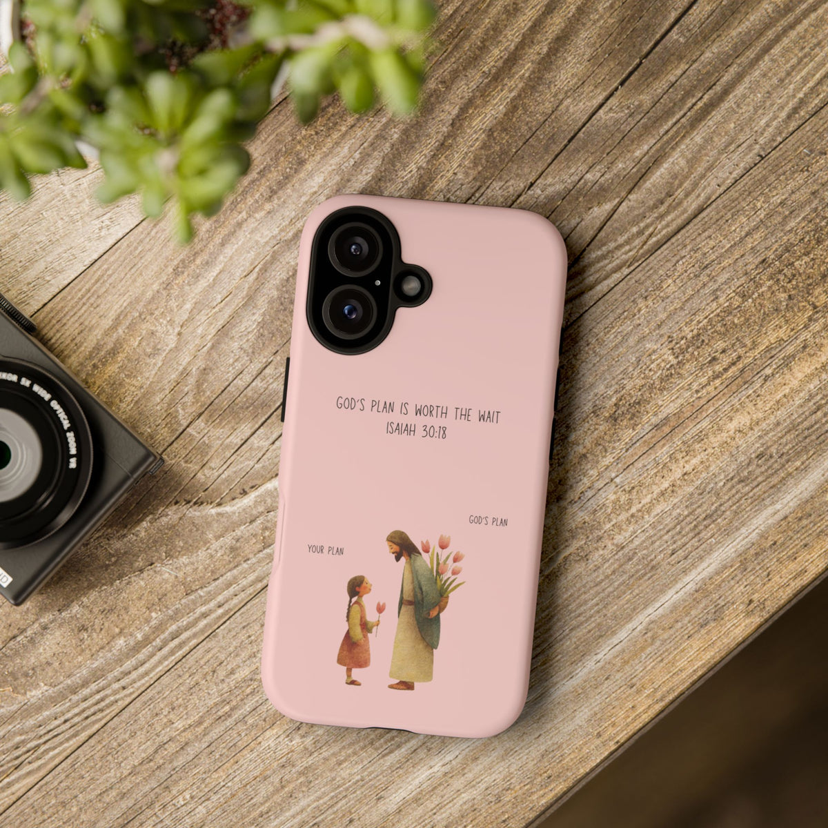 Christelijk telefoonhoesje Gods plan is beter roze mat