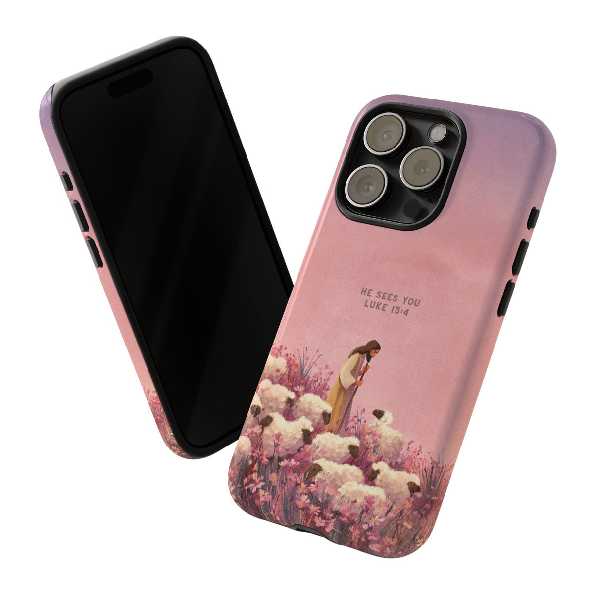 Christelijk telefoonhoesje Hij ziet jou roze mat