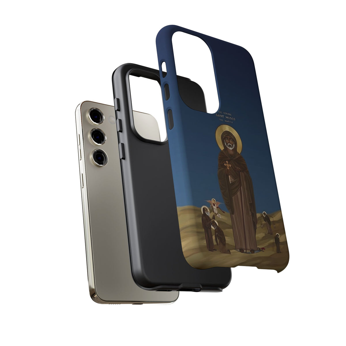 Christelijk telefoonhoesje Sint-Mozes de Sterke blauw mat