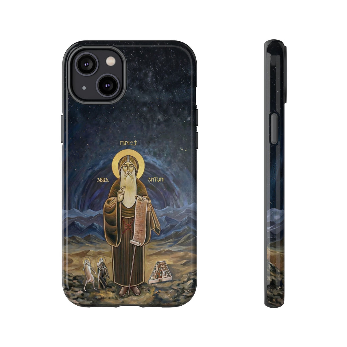Christelijk telefoonhoesje Sint-Antonius de Grote donkerblauw mat