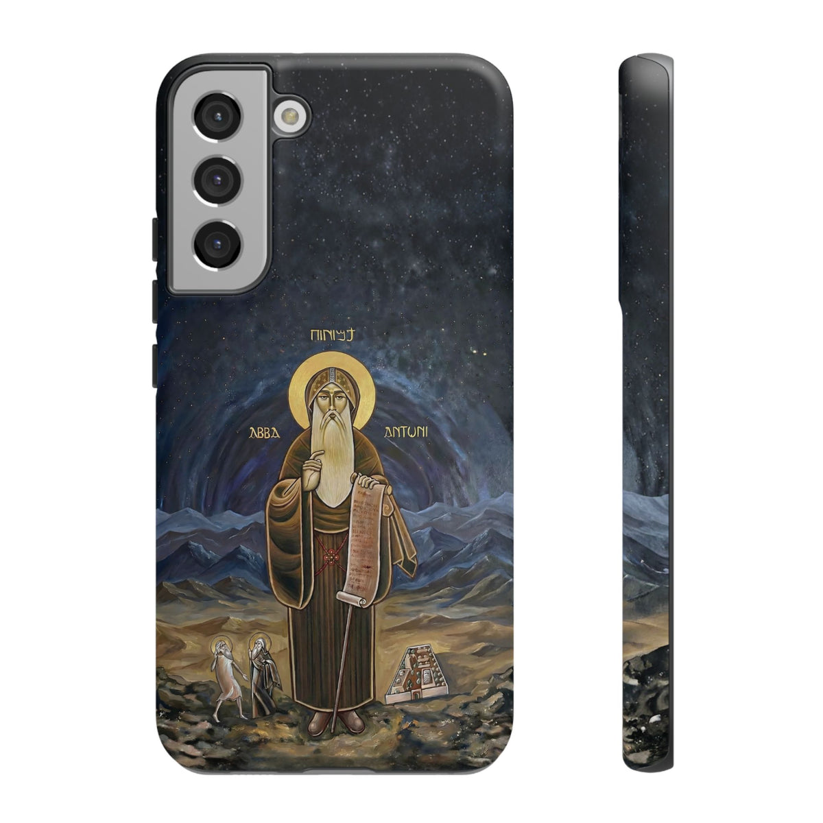 Christelijk telefoonhoesje Sint-Antonius de Grote donkerblauw mat