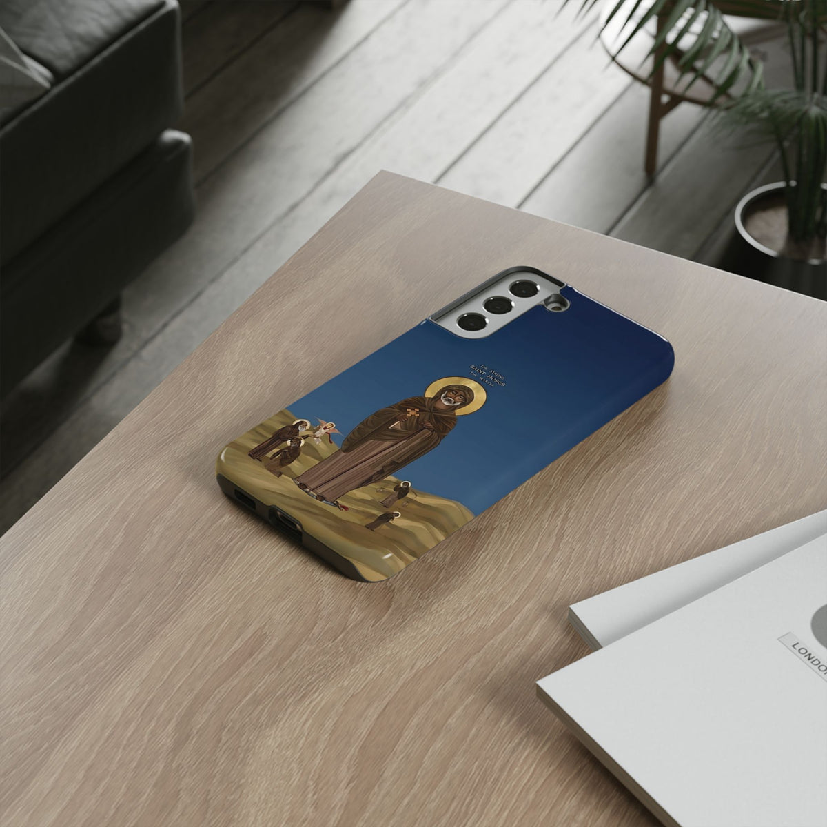 Christelijk telefoonhoesje Sint-Mozes de Sterke blauw mat