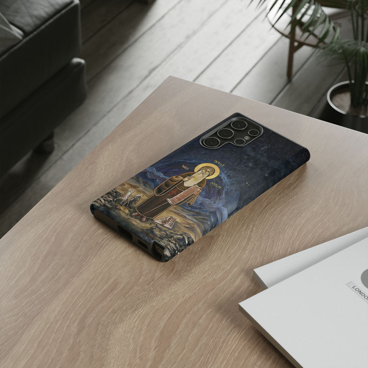 Christelijk telefoonhoesje Sint-Antonius de Grote donkerblauw mat