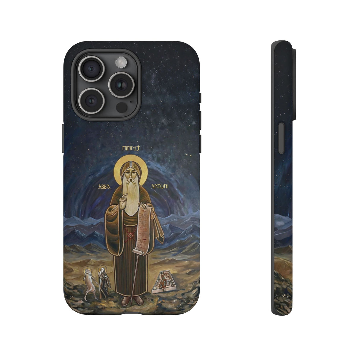 Christelijk telefoonhoesje Sint-Antonius de Grote donkerblauw mat