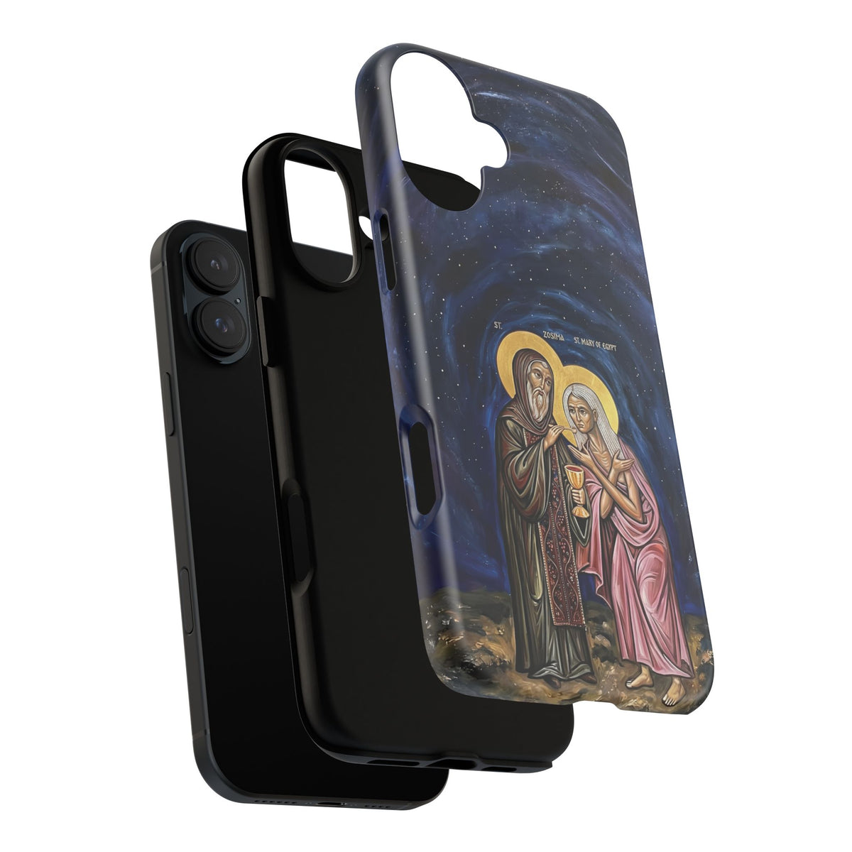 Christelijk telefoonhoesje Maria van Egypte en Sint-Zosimas donkerblauw mat