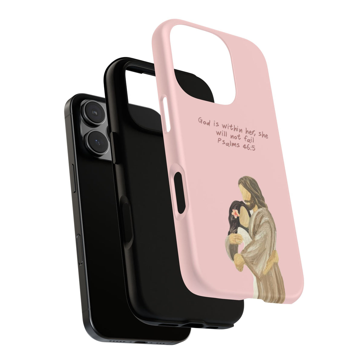 Christelijk telefoonhoesje God is in haar roze mat