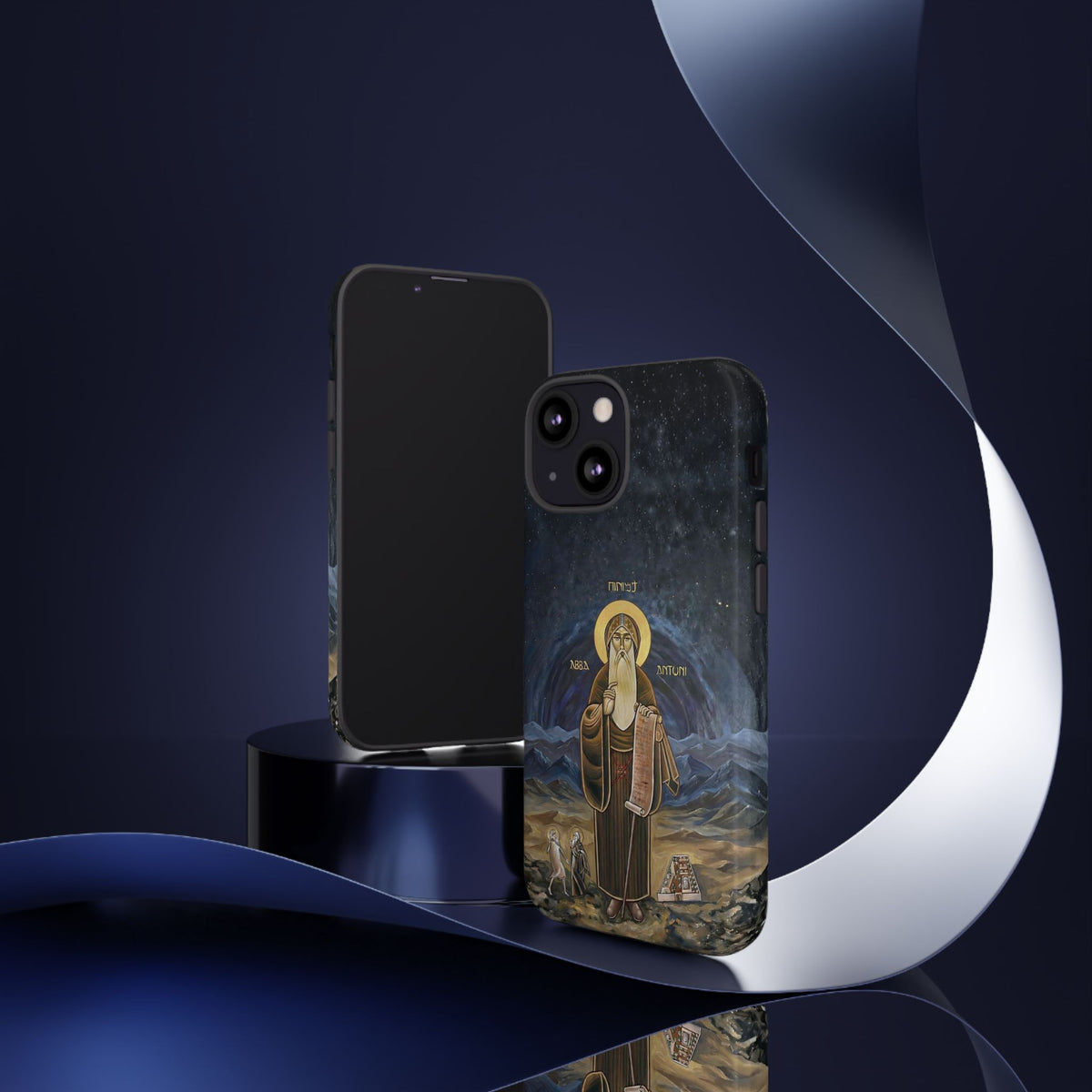 Christelijk telefoonhoesje Sint-Antonius de Grote donkerblauw mat