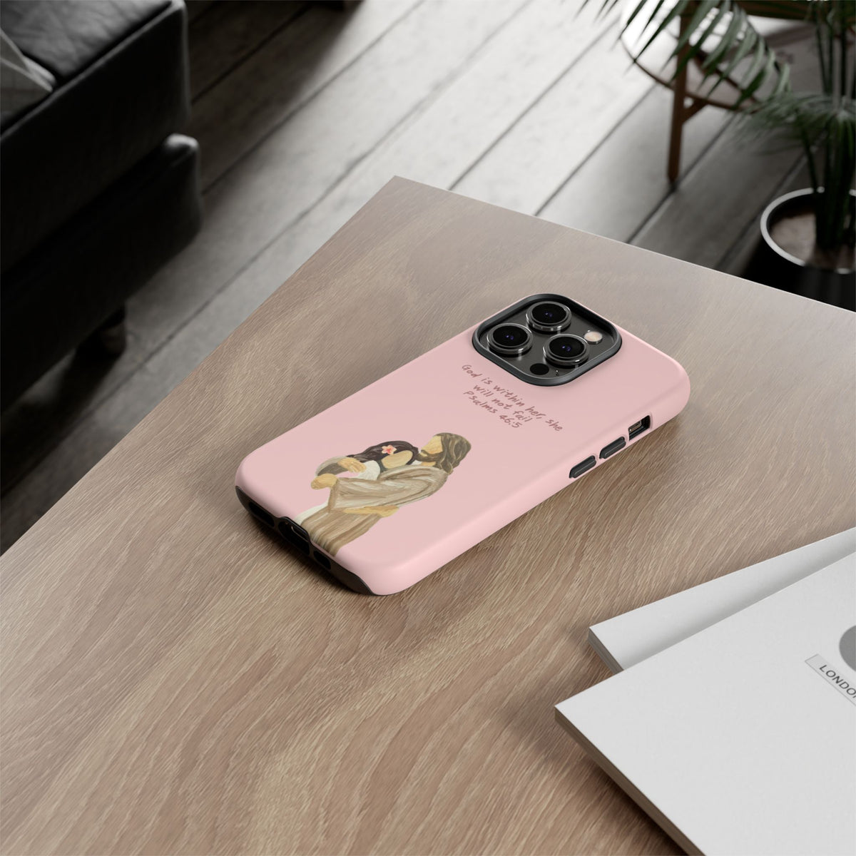 Christelijk telefoonhoesje God is in haar roze mat