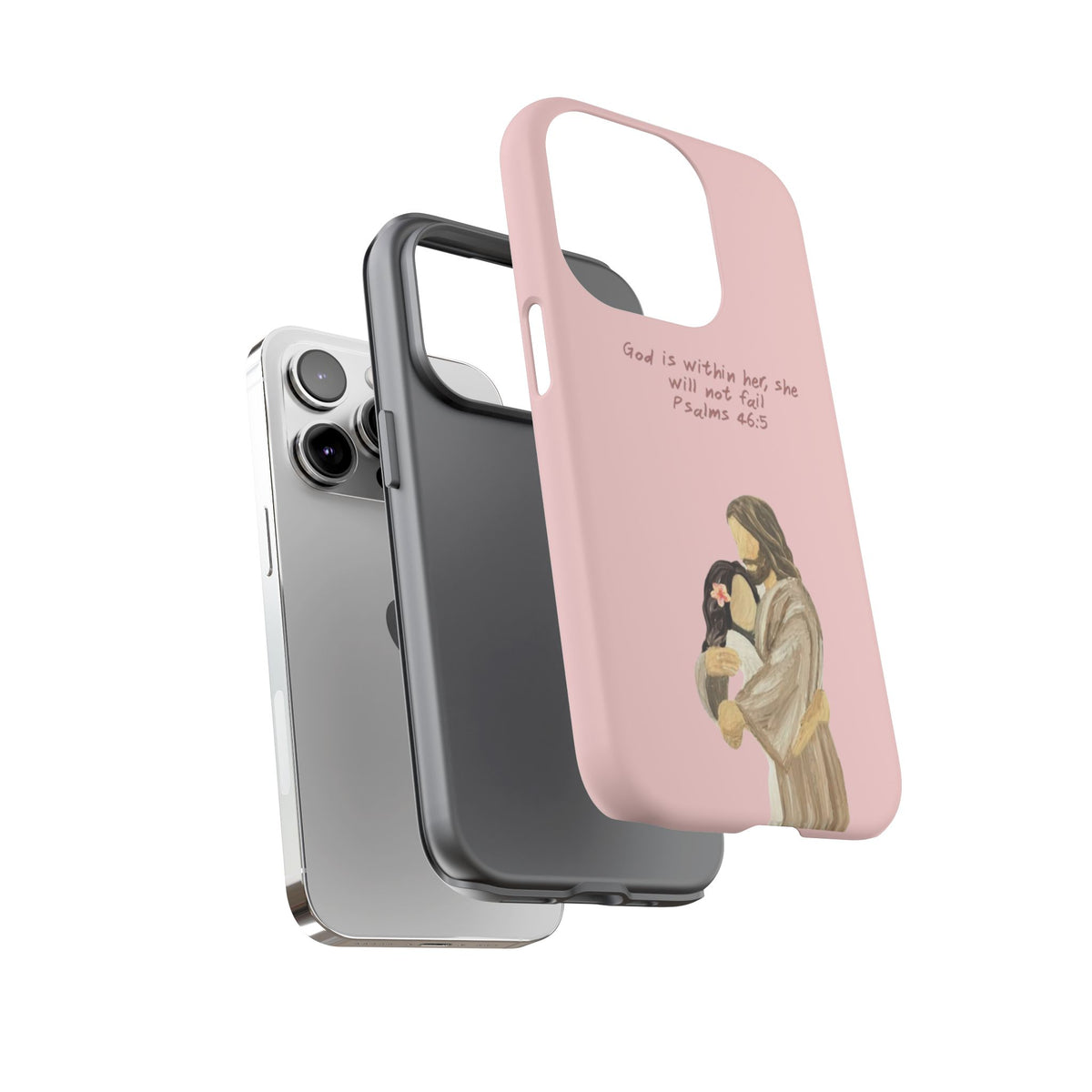 Christelijk telefoonhoesje God is in haar roze mat