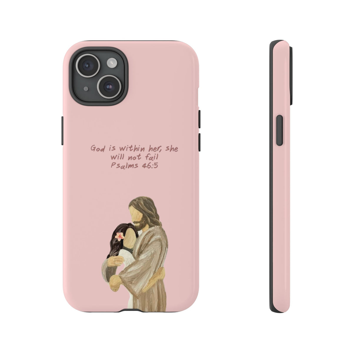 Christelijk telefoonhoesje God is in haar roze mat