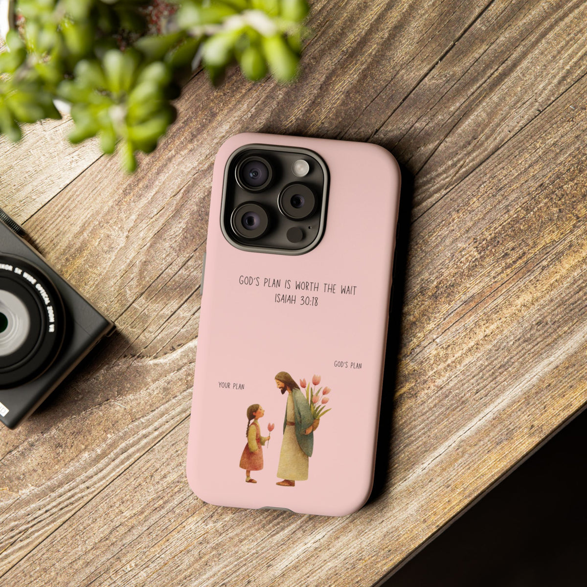 Christelijk telefoonhoesje Gods plan is beter roze mat