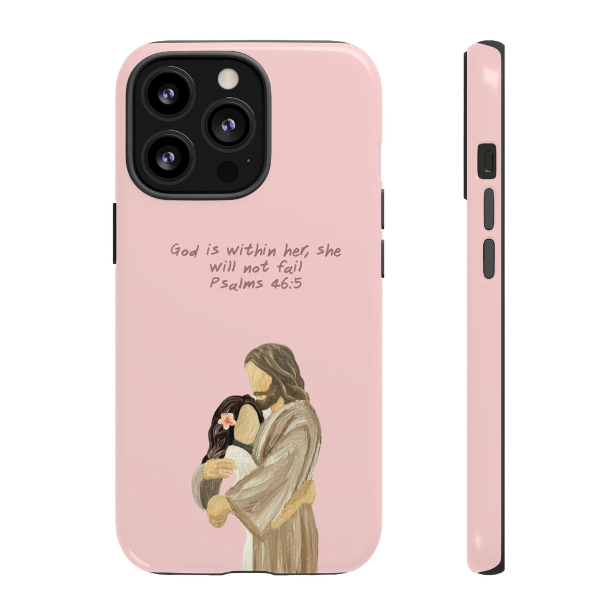 Christelijk telefoonhoesje God is in haar roze mat