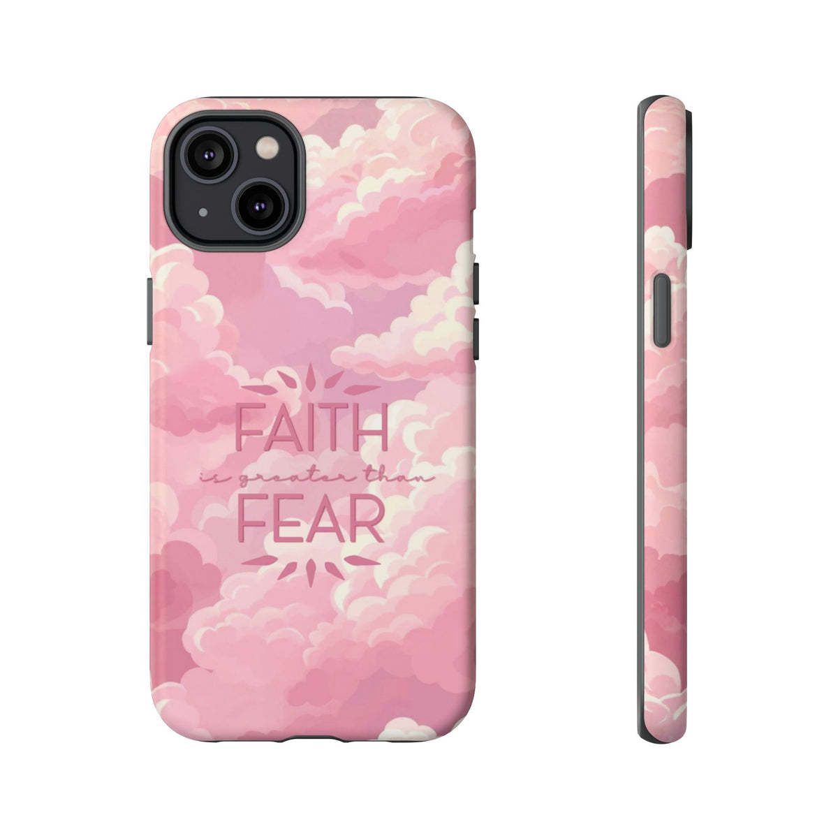 Christelijk telefoonhoesje Geloof is sterker dan angst roze mat