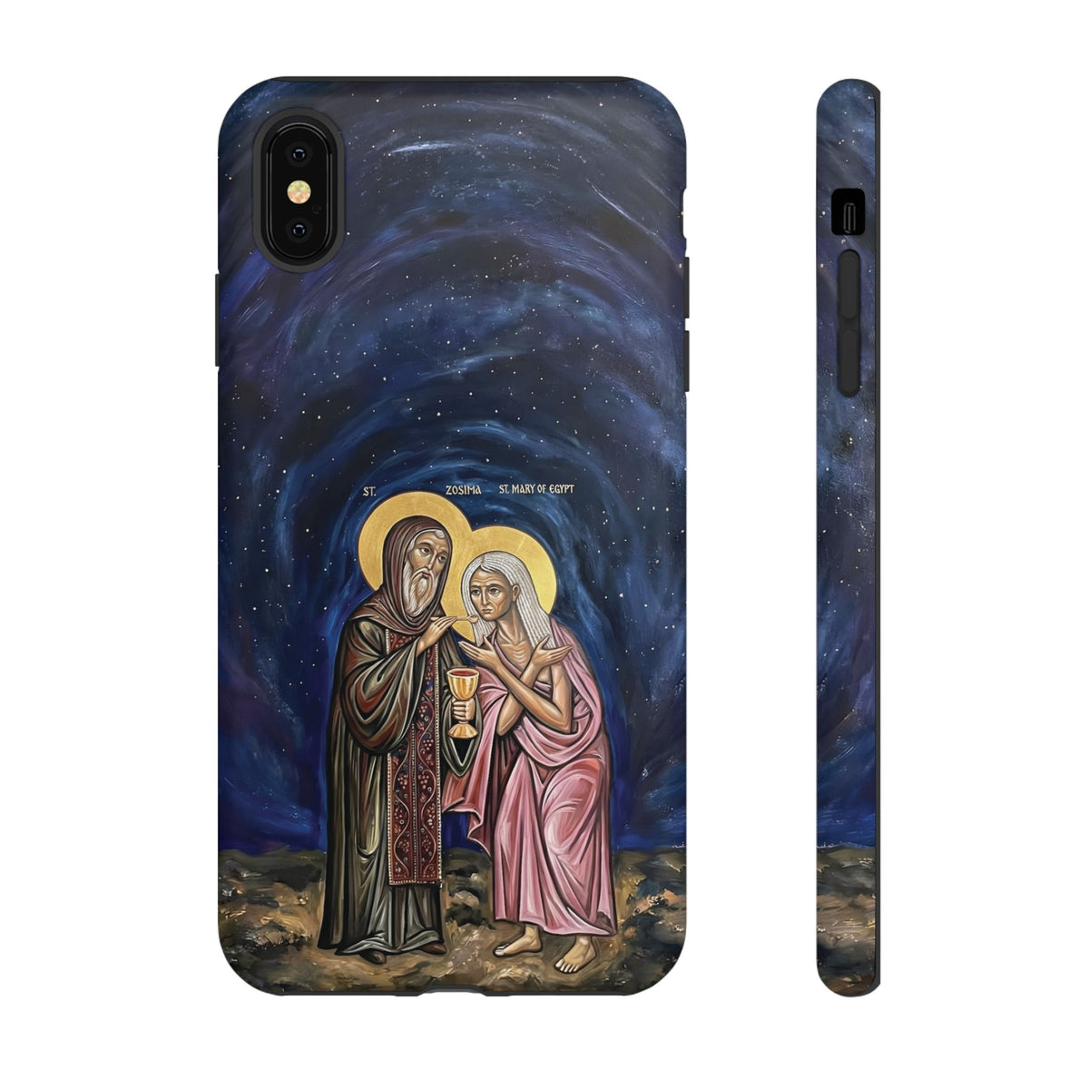 Christelijk telefoonhoesje Maria van Egypte en Sint-Zosimas donkerblauw mat