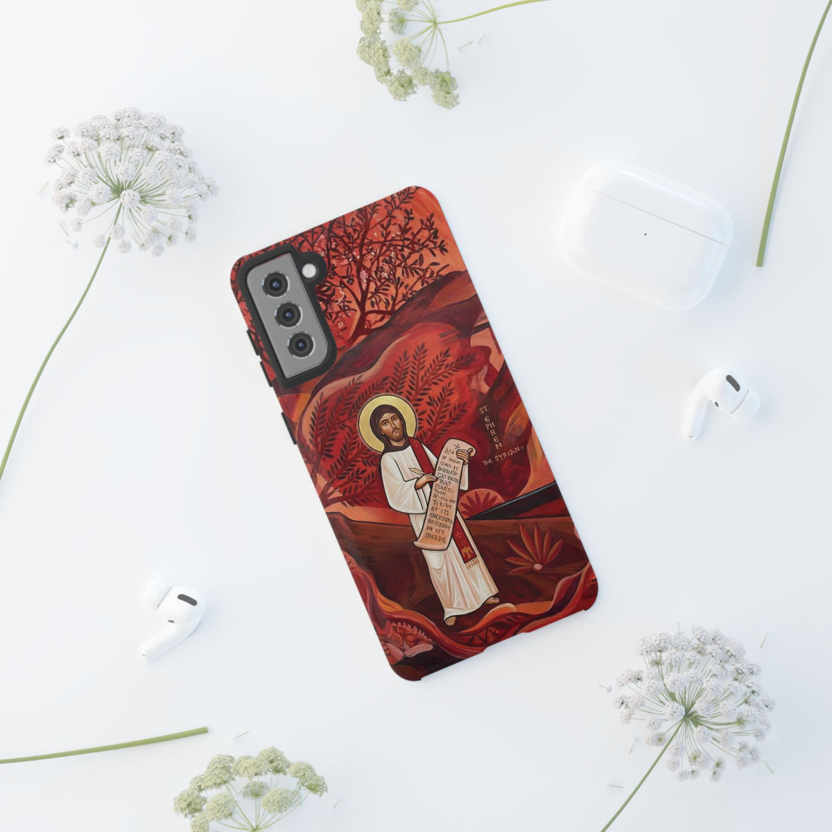Christelijk telefoonhoesje Sint-Efrem de Syriër rood mat
