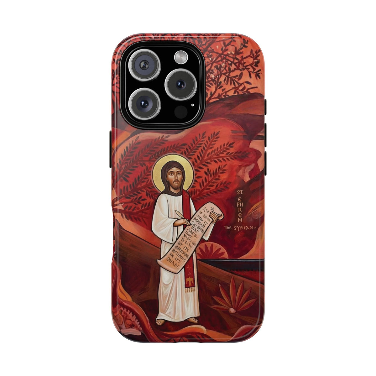 Christelijk telefoonhoesje Sint-Efrem de Syriër rood mat