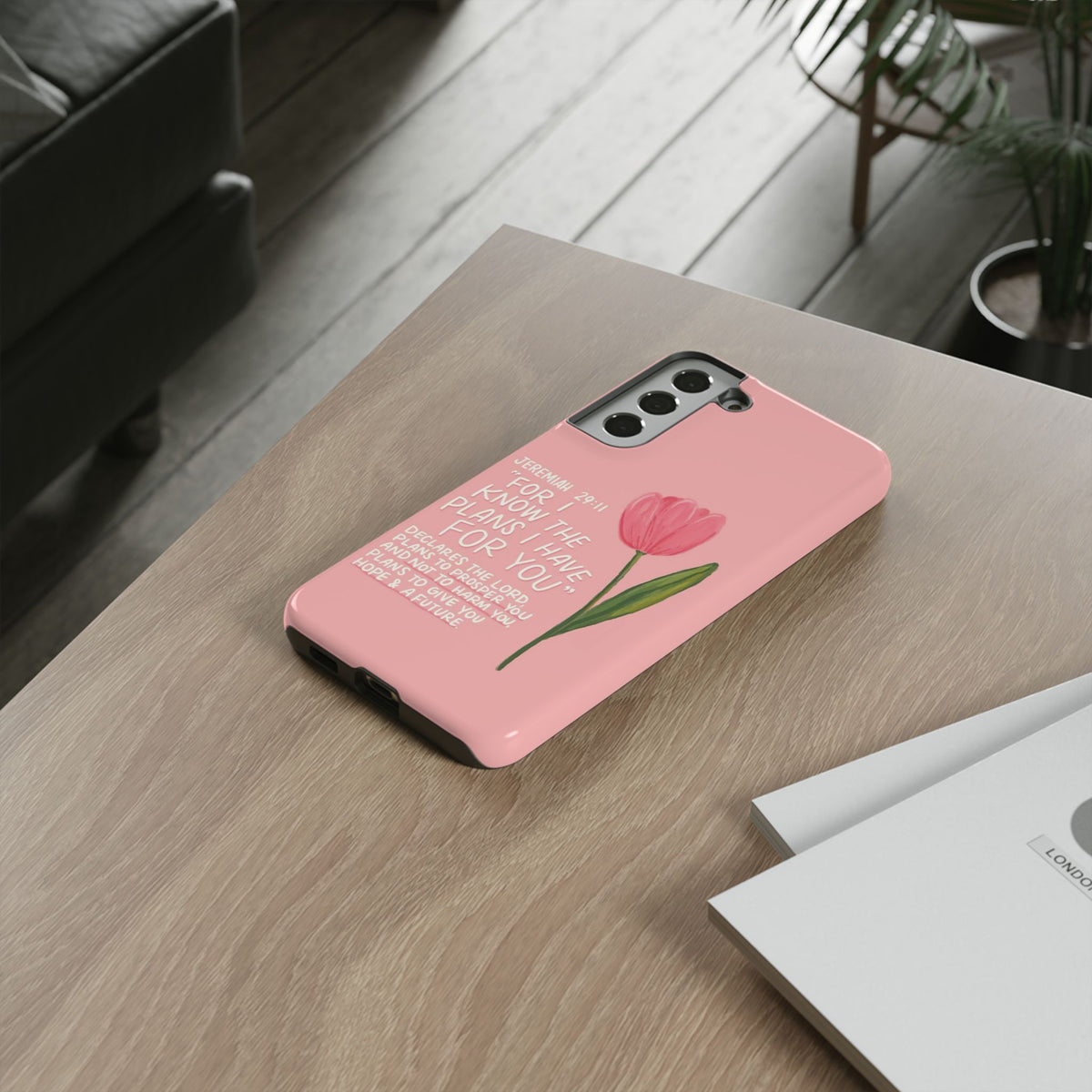 Christelijk telefoonhoesje Ik ken de plannen roze mat