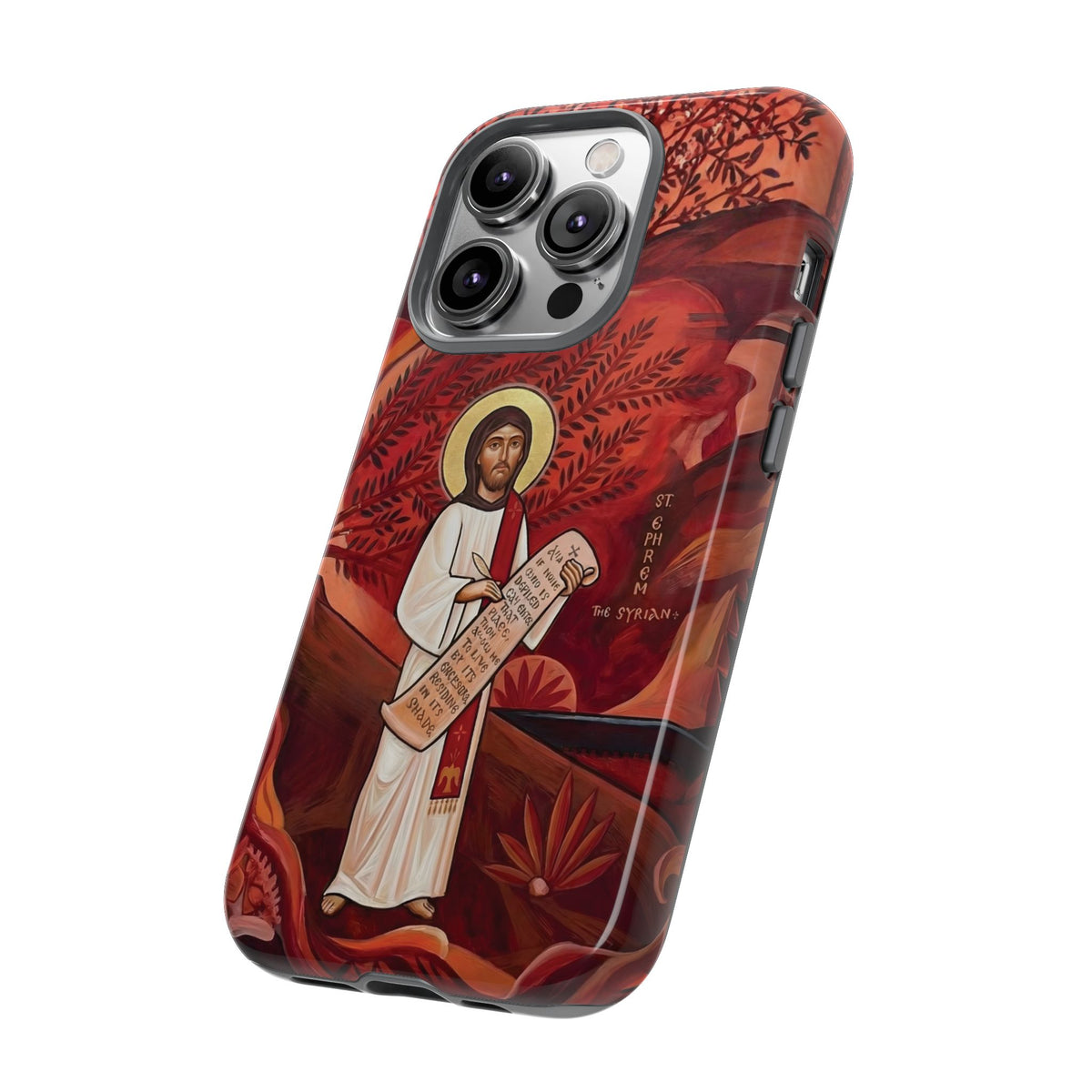 Christelijk telefoonhoesje Sint-Efrem de Syriër rood mat