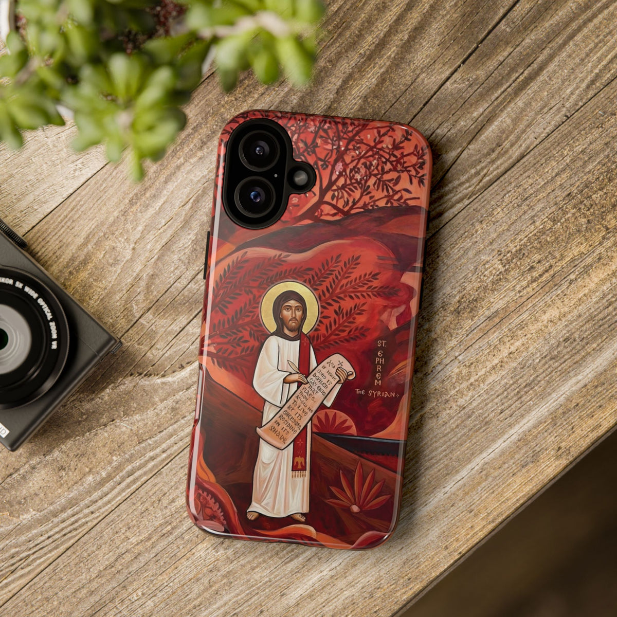 Christelijk telefoonhoesje Sint-Efrem de Syriër rood mat