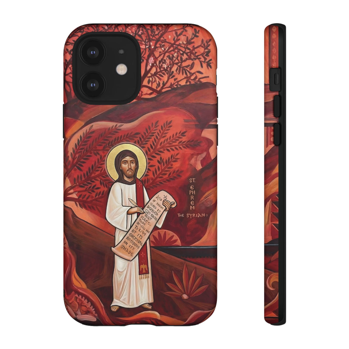 Christelijk telefoonhoesje Sint-Efrem de Syriër rood mat