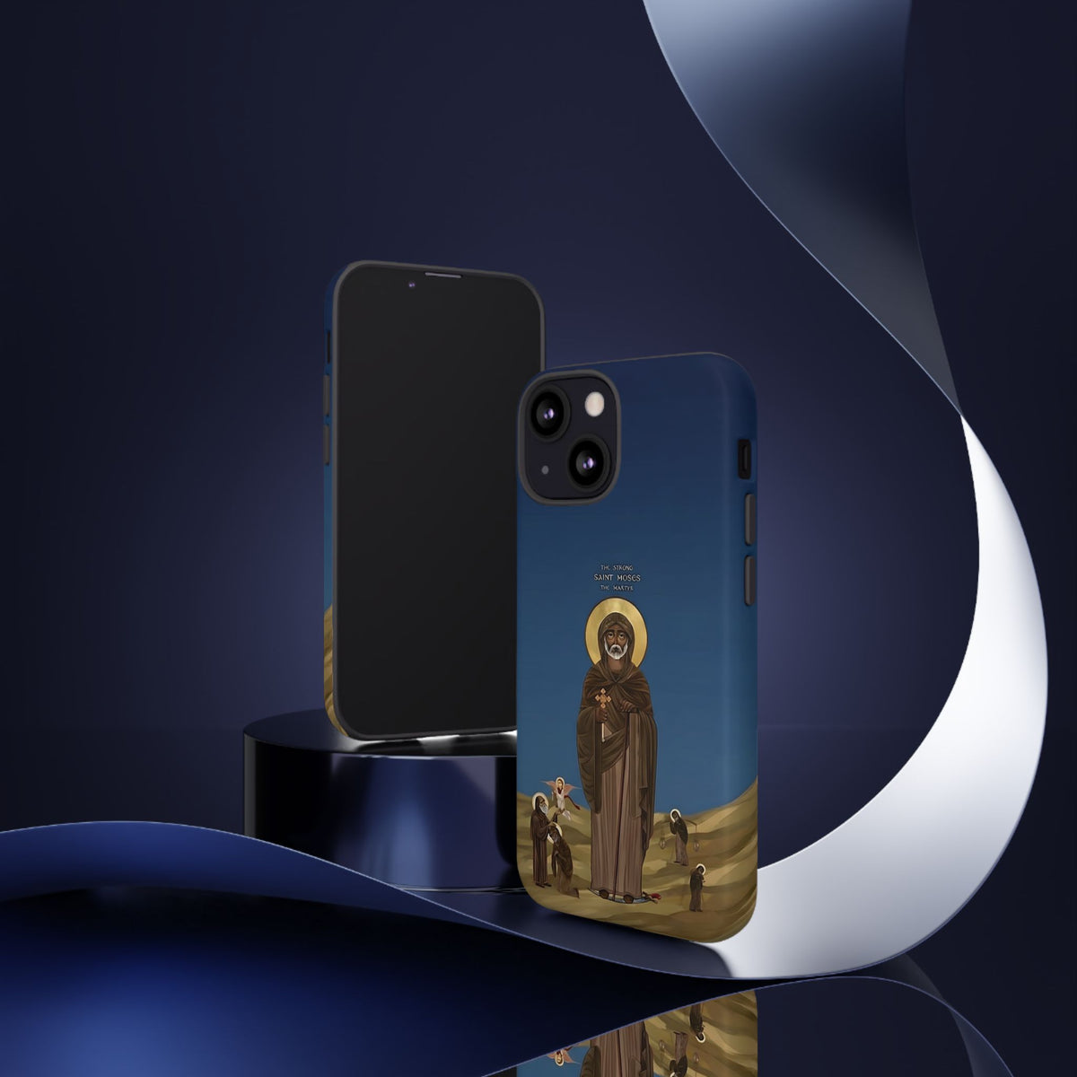 Christelijk telefoonhoesje Sint-Mozes de Sterke blauw mat