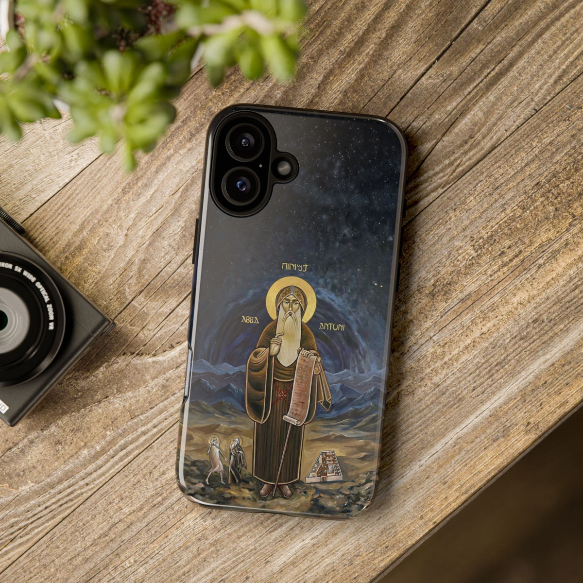 Christelijk telefoonhoesje Sint-Antonius de Grote donkerblauw mat