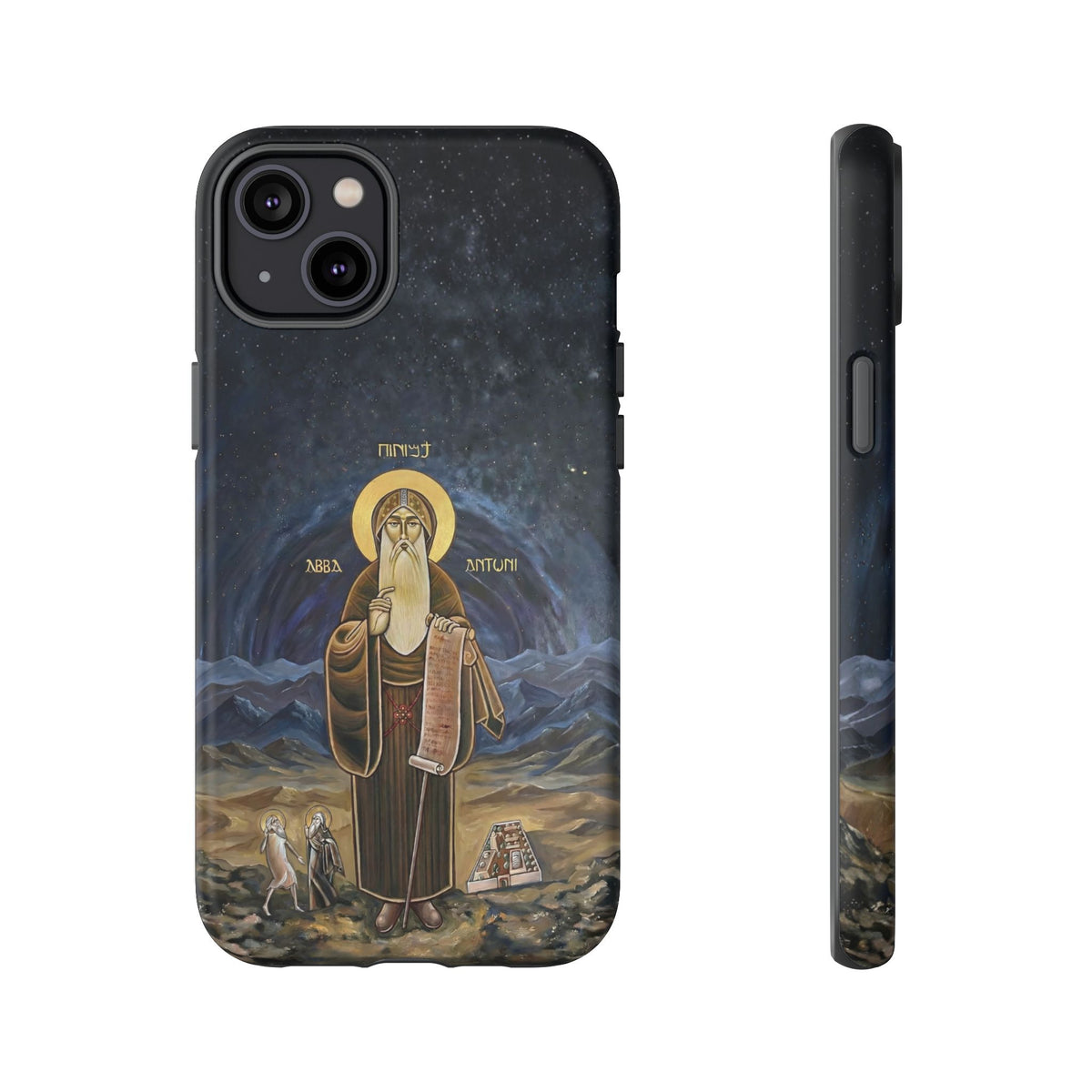Christelijk telefoonhoesje Sint-Antonius de Grote donkerblauw mat