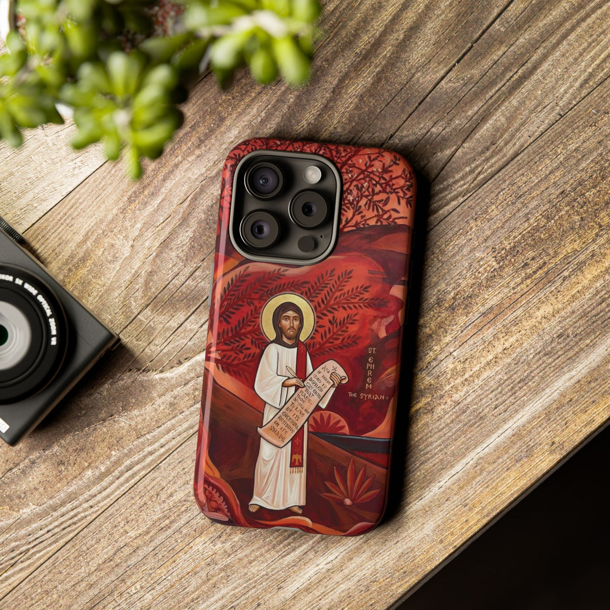 Christelijk telefoonhoesje Sint-Efrem de Syriër rood mat