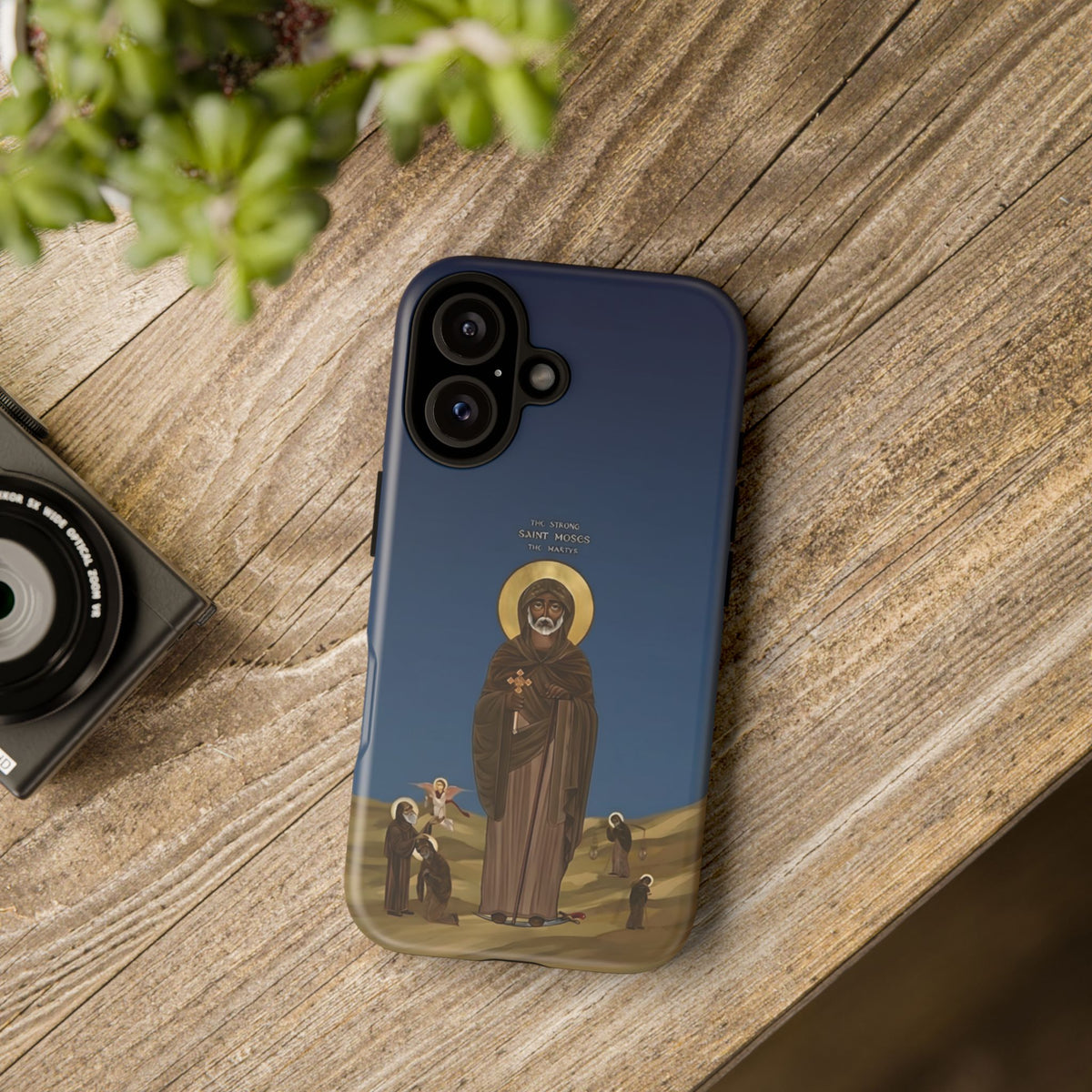 Christelijk telefoonhoesje Sint-Mozes de Sterke blauw mat
