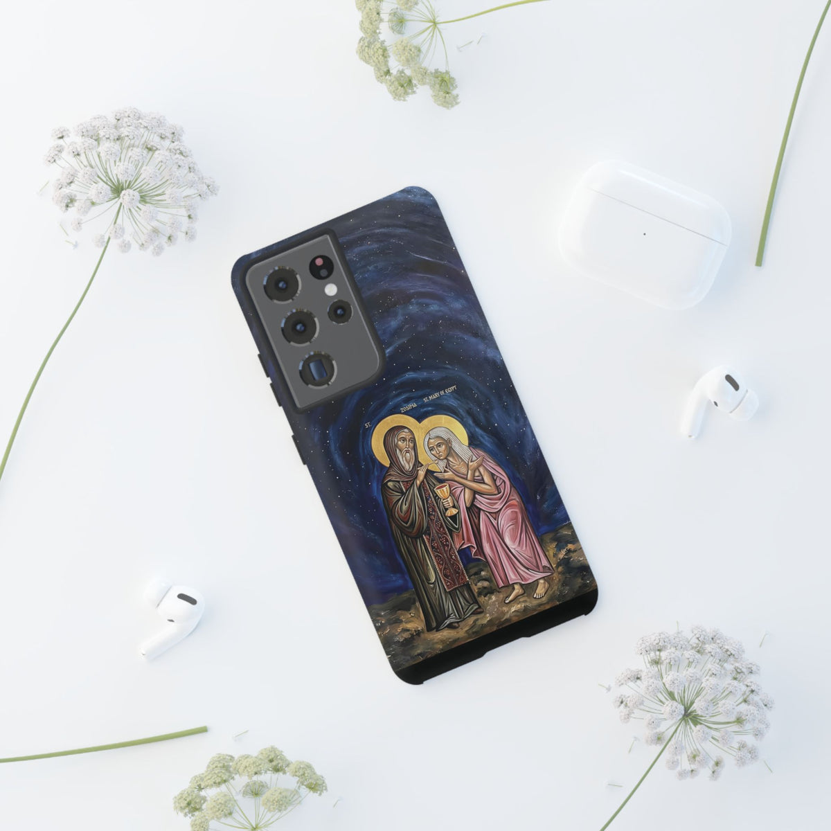 Christelijk telefoonhoesje Maria van Egypte en Sint-Zosimas donkerblauw mat