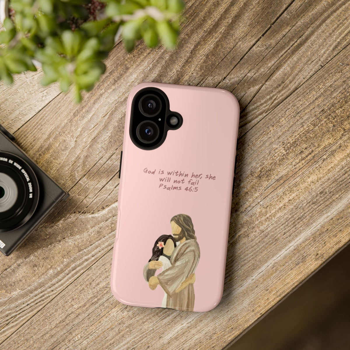 Christelijk telefoonhoesje God is in haar roze mat