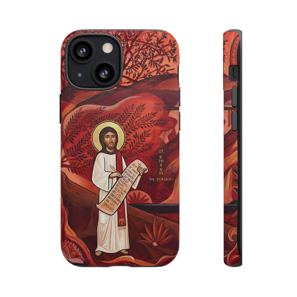Christelijk telefoonhoesje Sint-Efrem de Syriër rood mat