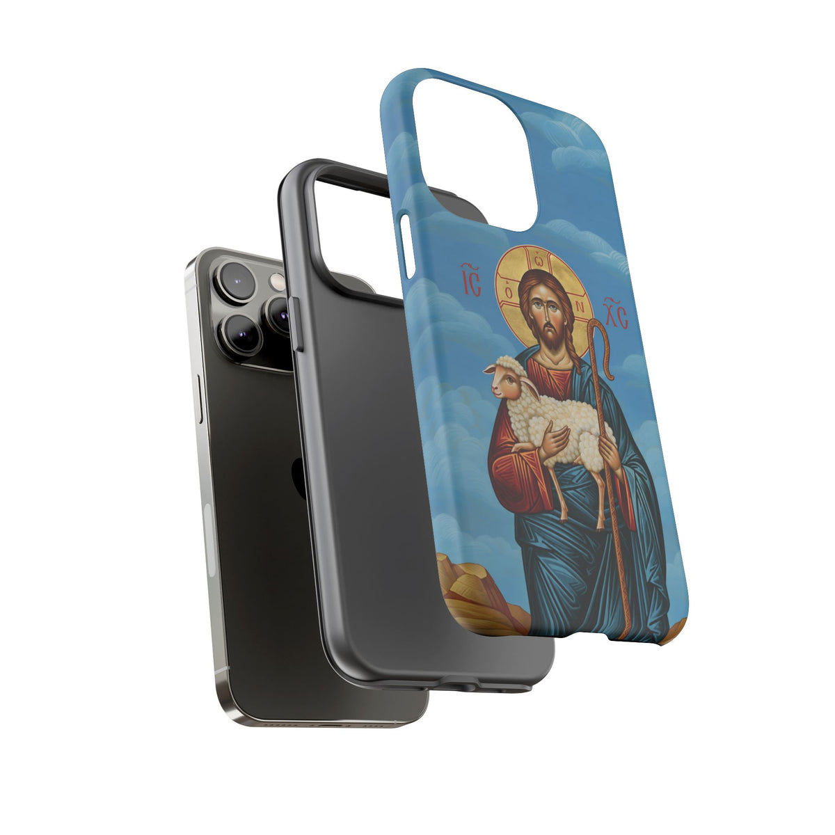 Christelijk telefoonhoesje De Goede Herder blauw mat
