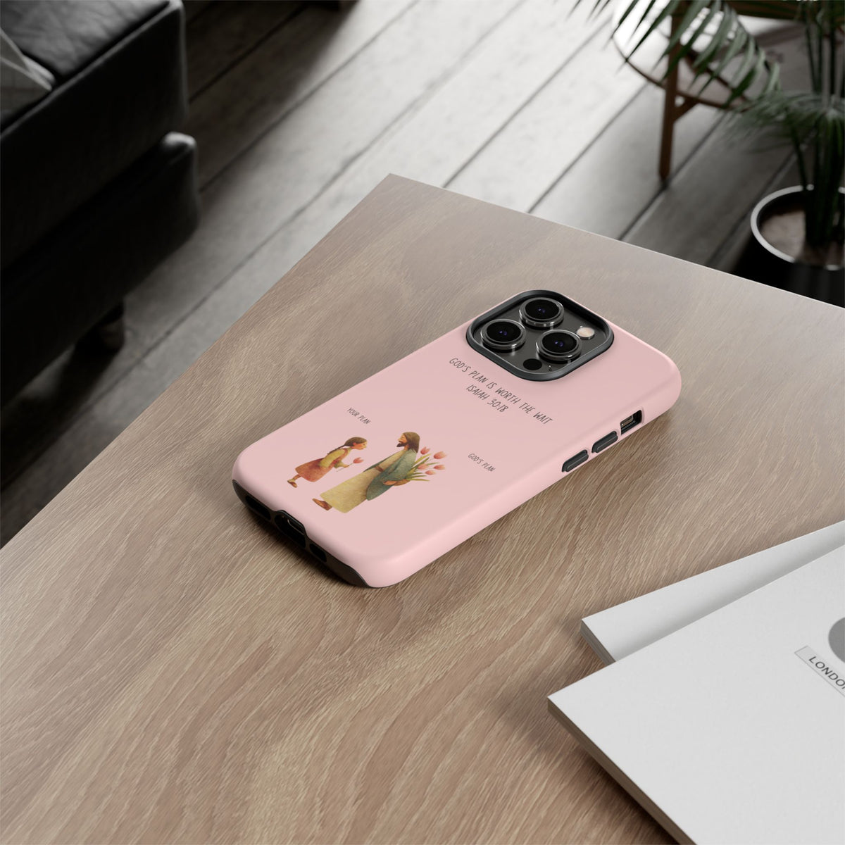 Christelijk telefoonhoesje Gods plan is beter roze mat