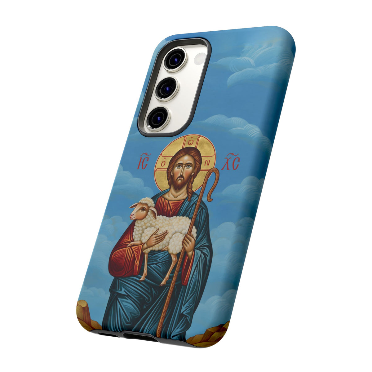 Christelijk telefoonhoesje De Goede Herder blauw mat