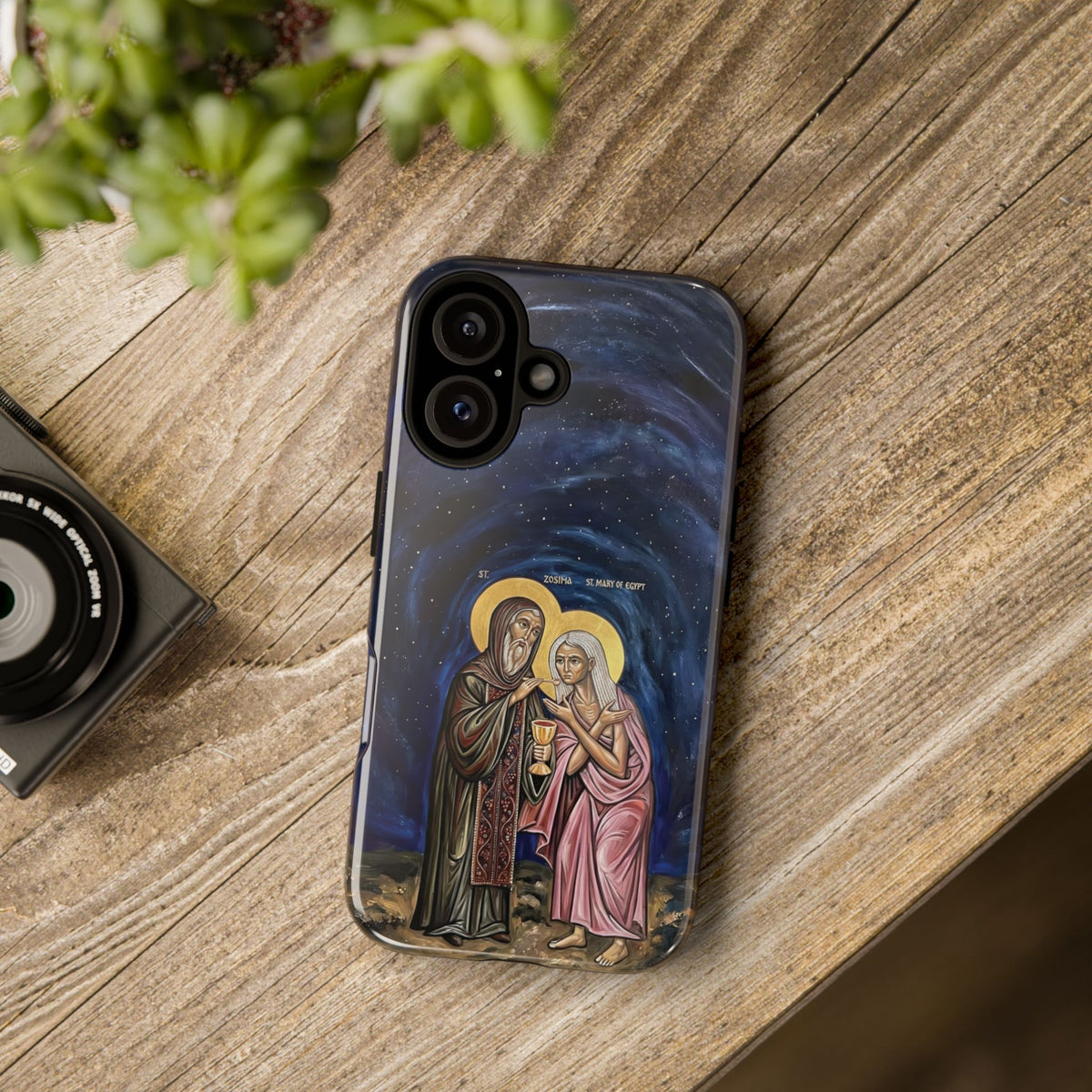Christelijk telefoonhoesje Maria van Egypte en Sint-Zosimas donkerblauw mat