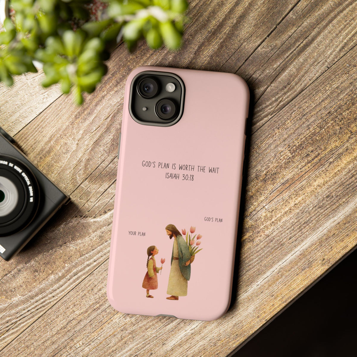Christelijk telefoonhoesje Gods plan is beter roze mat