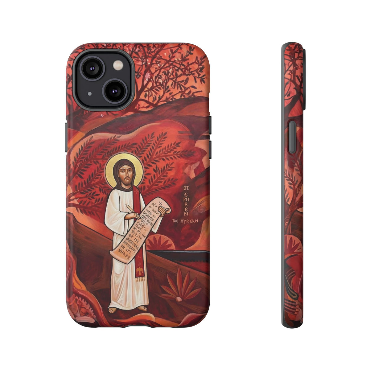 Christelijk telefoonhoesje Sint-Efrem de Syriër rood mat