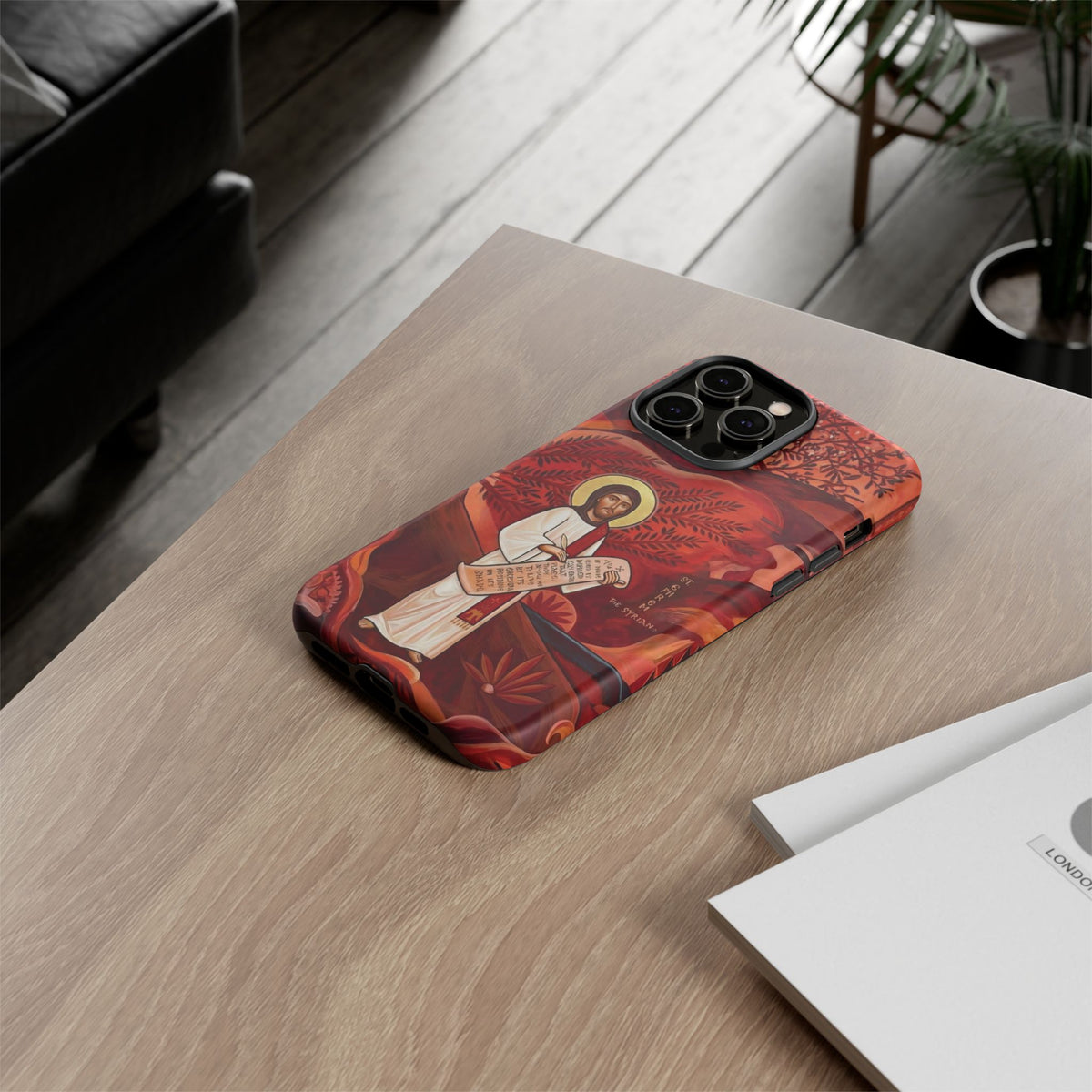 Christelijk telefoonhoesje Sint-Efrem de Syriër rood mat