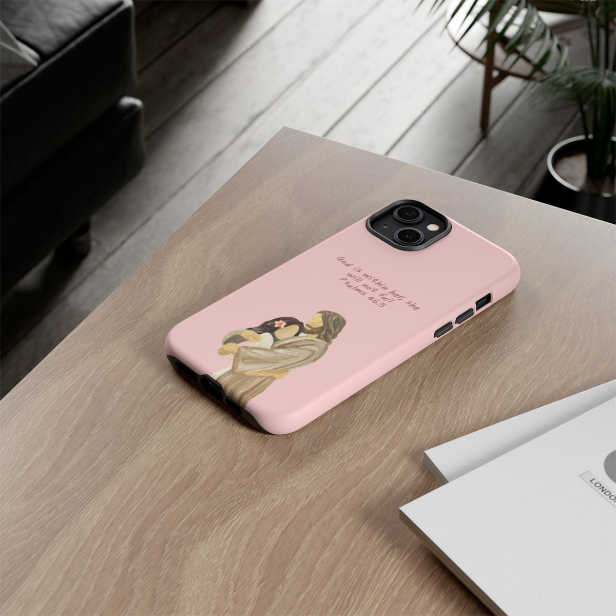 Christelijk telefoonhoesje God is in haar roze mat