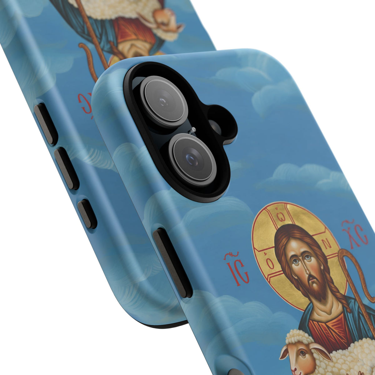 Christelijk telefoonhoesje De Goede Herder blauw mat