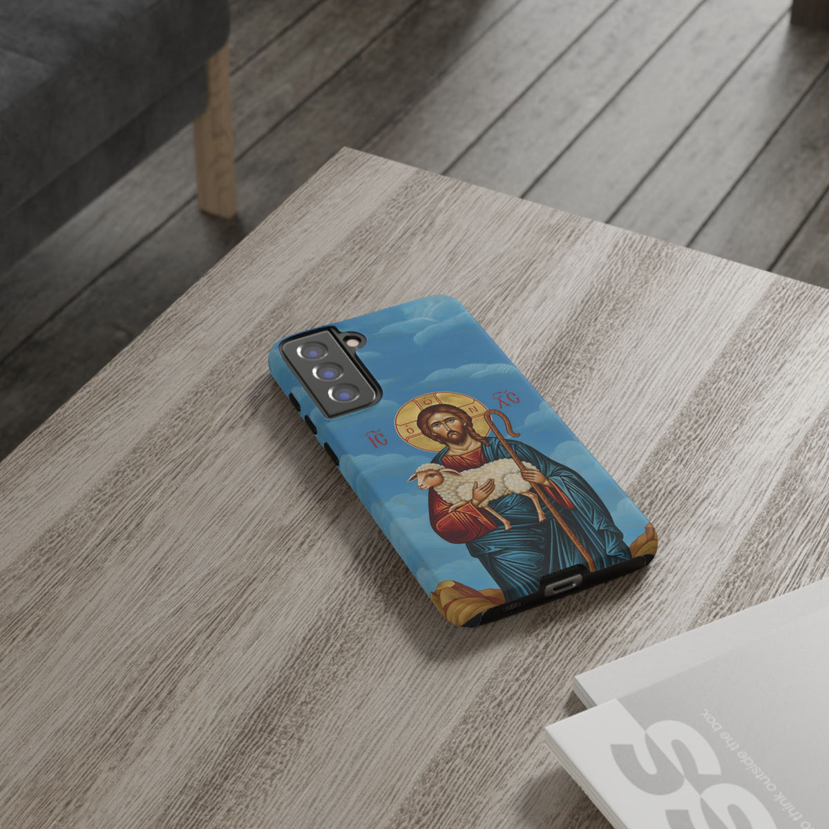 Christelijk telefoonhoesje De Goede Herder blauw mat