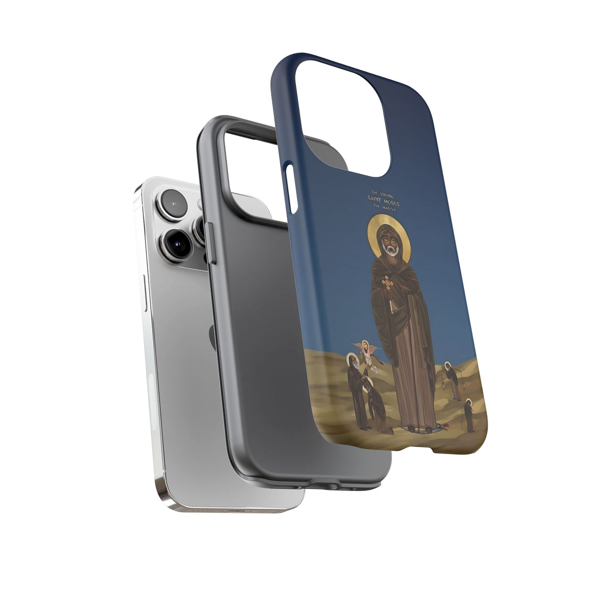 Christelijk telefoonhoesje Sint-Mozes de Sterke blauw mat